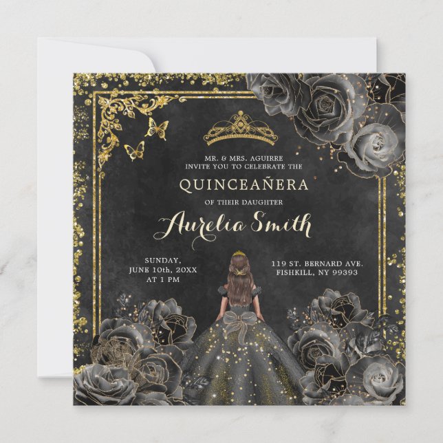 Invitation Élégant Or et Roses Noires Princesse Quinceañera (Devant)