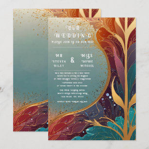 Invitation Elégant or et Turquoise Mariage Larva Abstrait