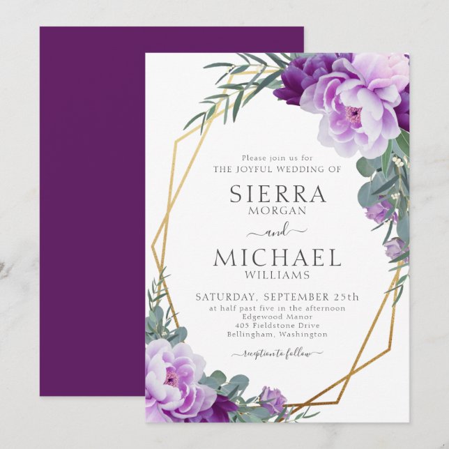 Invitation Elégant or et violet Mariage d'Eucalyptus Floral (Devant / Derrière)