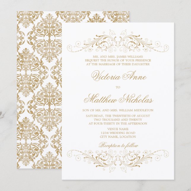 Invitation Elégant or fleurit et Damask (Devant / Derrière)