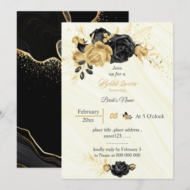 Invitation élégant or & fleurs noires douche nuptiale (Devant / Derrière)