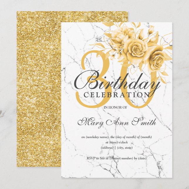 Invitation Elégant or floral 30e anniversaire Marbre de fête (Devant / Derrière)