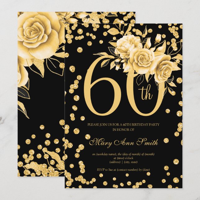 Invitation Elégant or Floral 60e anniversaire fête Noir  (Devant / Derrière)