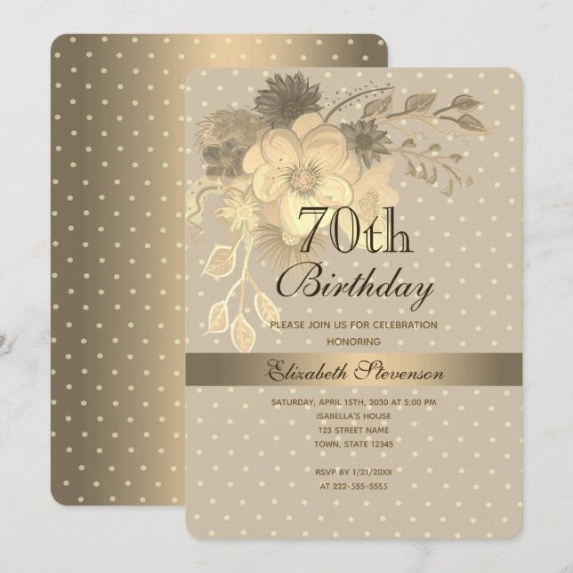 Invitation Elégant or floral 70e anniversaire (Devant / Derrière)
