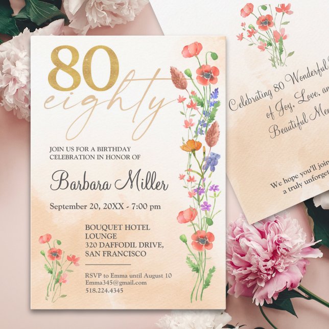 Invitation Elégant or floral 80e anniversaire - 80 ans Invit (Créateur téléchargé)