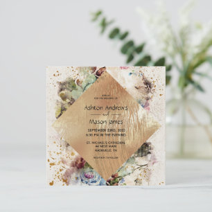 Invitation Elégant or Floral Aquarelle Mariage rustique