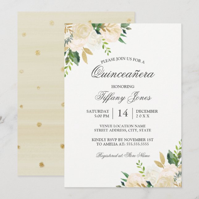 Invitation Elégant or Floral Aquarelle Quinceanera (Devant / Derrière)