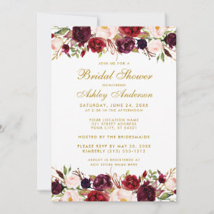 Invitation Elégant or Floral Bourgogne Fête des mariées W