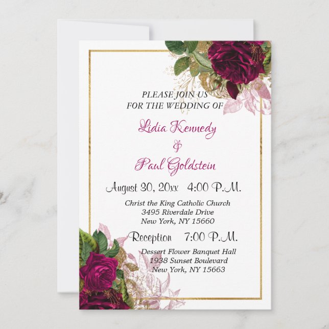 Invitation Élégant or floral et Mariage Rose de Bourgogne (Devant)