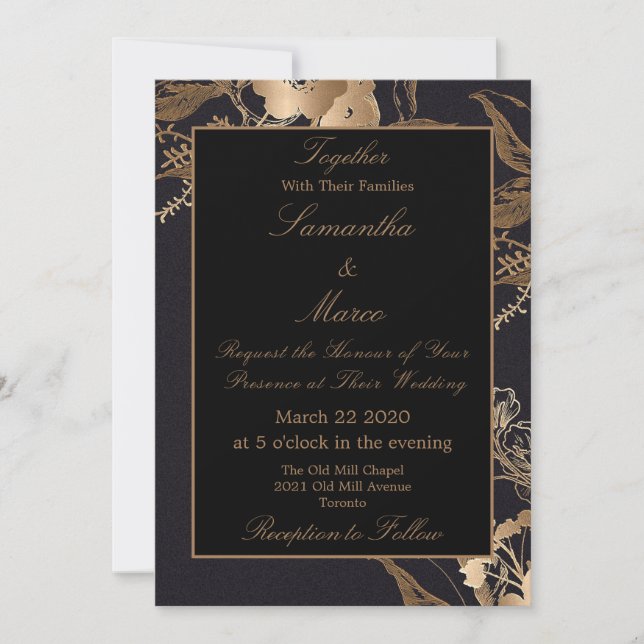 Invitation Élégant or Floral Faux Mariage métallique (Devant)
