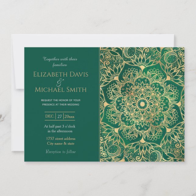 Invitation Elégant or Floral Mandala Green Design (Devant)