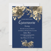 Elégant or Floral Navy Blue Quinceanera Inivte