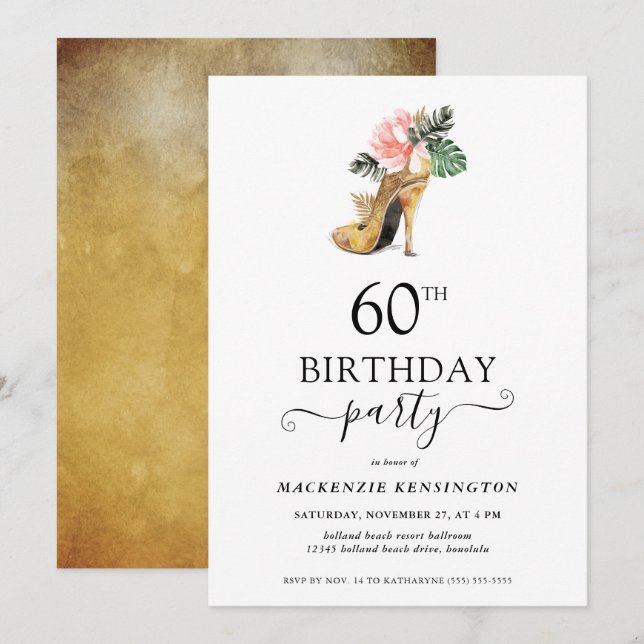 Invitation Élégant or floral talons hauts 60e anniversaire (Devant / Derrière)