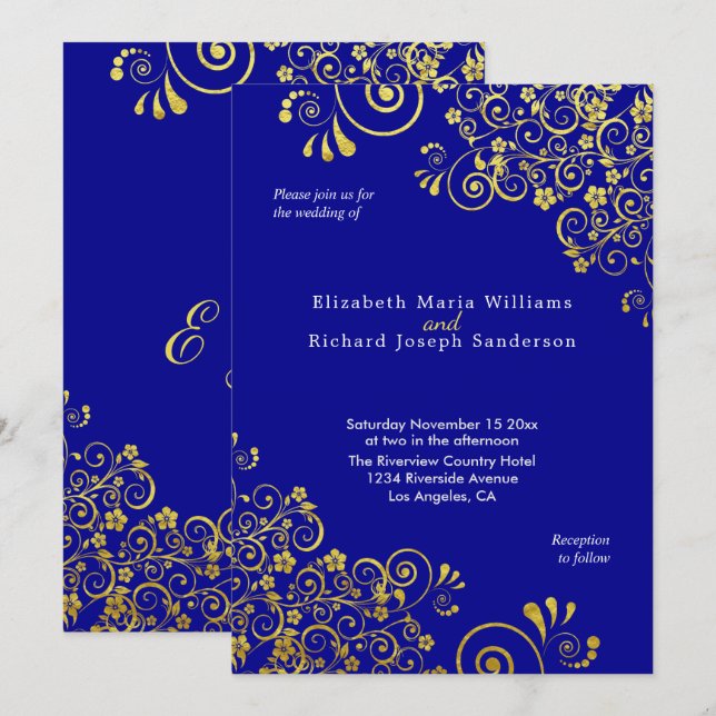 Invitation Elégant or floral torse Mariage bleu marine (Devant / Derrière)