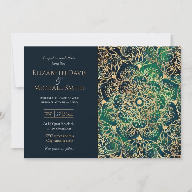 Invitation Elégant or Mandala Floral Vert bleu (Devant)