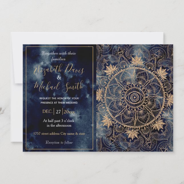 Invitation Elégant or Mandala Oeil Soleil Lune Marine Bleu (Devant)