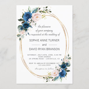 Invitation Elégant or Marine bleu rose Fleurs Mariage de fleu
