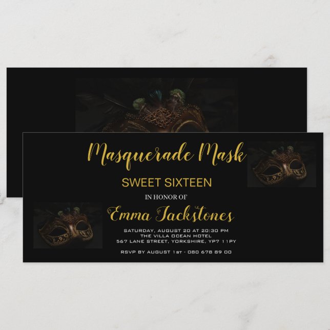 Invitation Elégant or Masquerade Masque thème Sweet sixteen (Devant / Derrière)