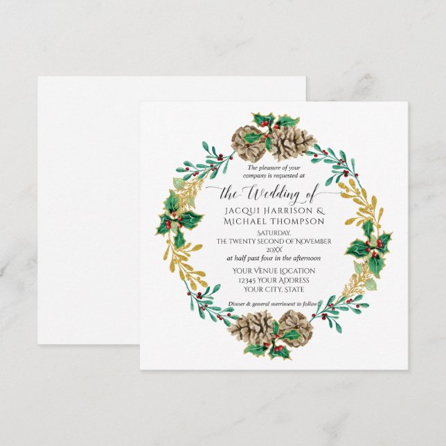 Invitation Elégant or Noël Aquarelle Pine Cône Wreath (Devant / Derrière)