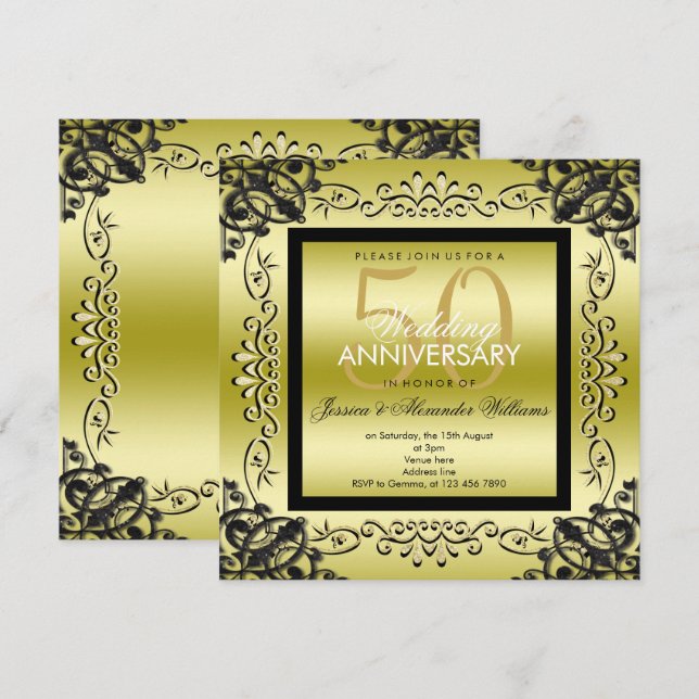 Invitation Élégant Or & Noir 50e Anniversaire de Mariage pour (Devant / Derrière)