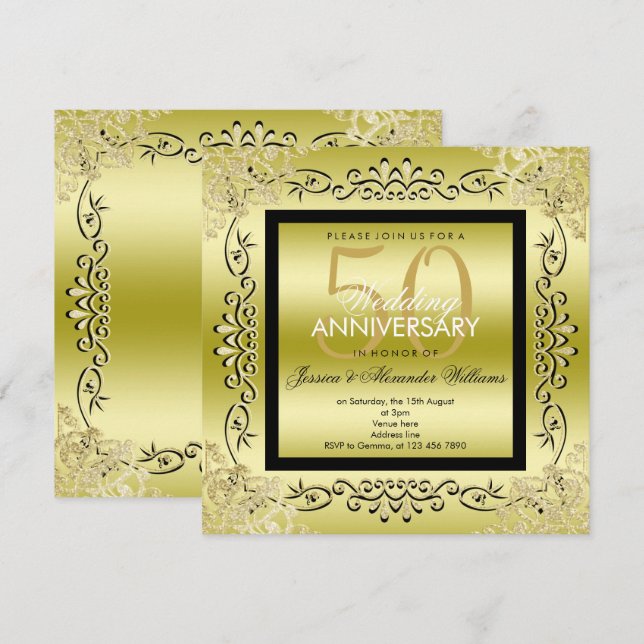 Invitation Élégant Or & Noir 50e Anniversaire de Mariage pour (Devant / Derrière)