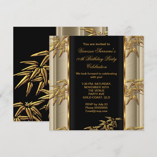 Invitation Elégant or noir asiatique Bambou caramel beige (Devant / Derrière)
