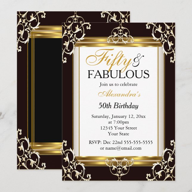 Invitation Elégant Or noir blanc 50e Fabuleux anniversaire (Devant / Derrière)
