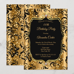 Invitation Elégant or noir Damask Jewel Bow Anniversaire