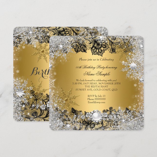 Invitation Elégant or noir dentelle argent flocon de neige An (Devant / Derrière)
