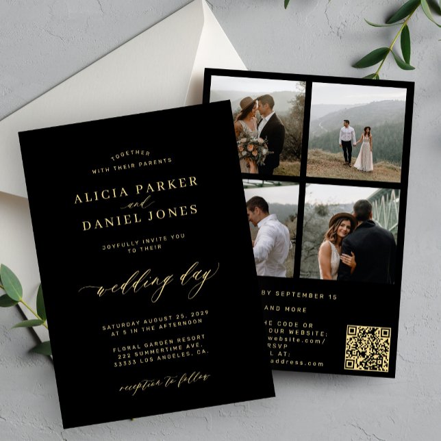 Invitation Elégant or noir photo QR code RSVP mariage (Créateur téléchargé)