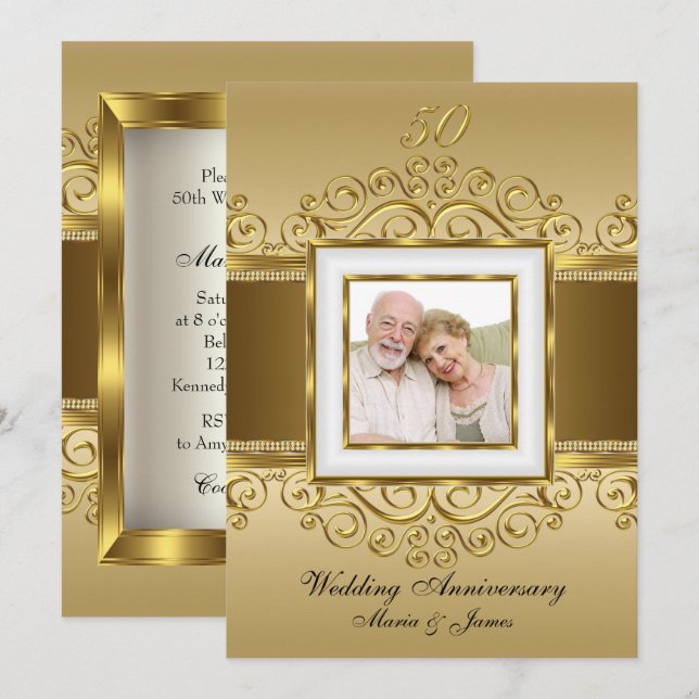 Invitation Elegant Or & Perle Tourbillon Photo 50e Anniversai (Devant / Derrière)