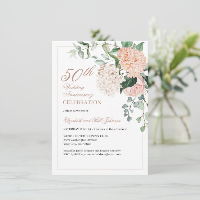 Invitation Élégant or rose floral Anniversaire de mariage (Debout devant)