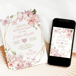 Invitation Elégant or rose floral Mis Quince Años Anniversair