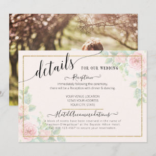 Invitation Élégant or rose floral Script Mariage Détails