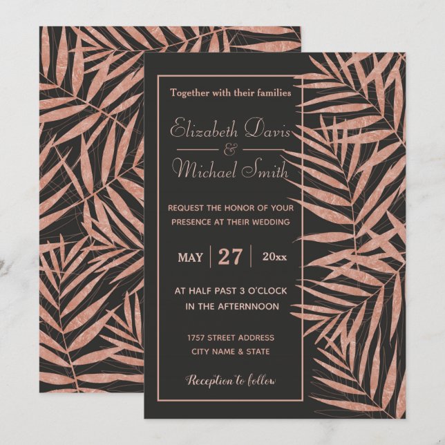 Invitation Elégant or rose Tropical feuille mariage oeuvre (Devant / Derrière)
