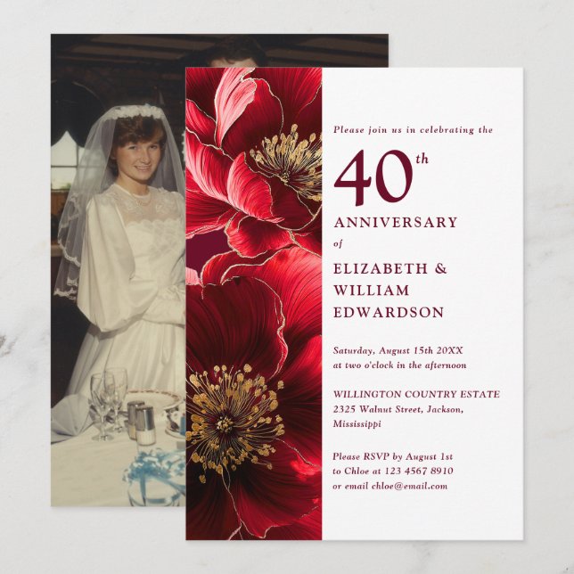 Invitation Elégant or rouge florale 40e anniversaire Photo (Devant / Derrière)