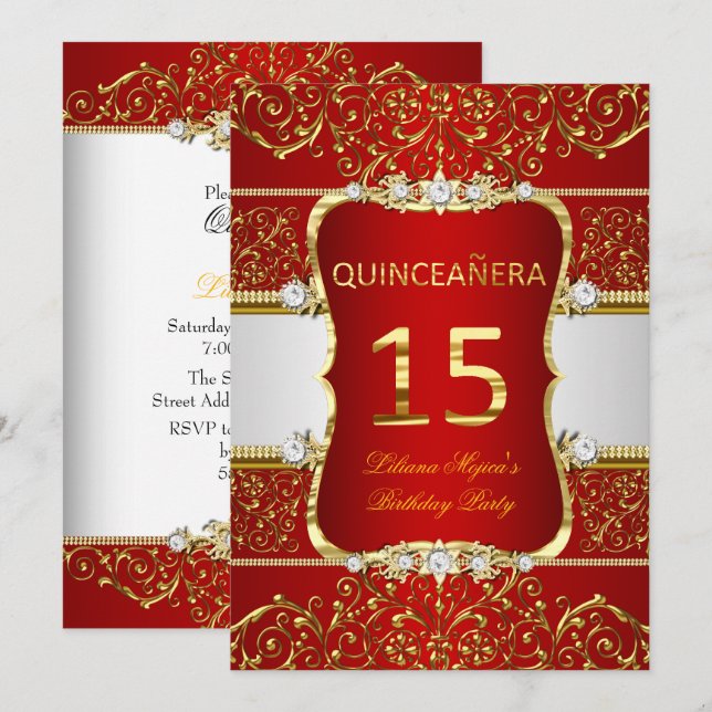 Invitation Élégant or rouge foncé glamour Quinceanera (Devant / Derrière)