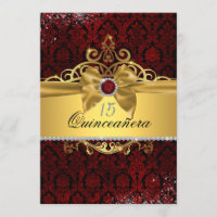 Elégant or rubis rouge Damask Quinceanera Invitati