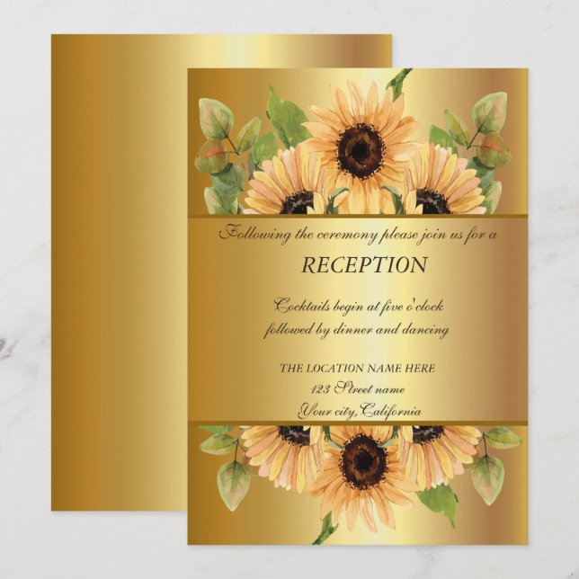 Invitation Elégant Or, Sunflower Mariage Réception (Devant / Derrière)