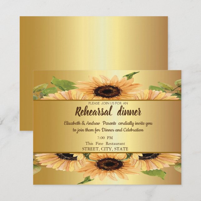 Invitation Elégant or, Tournesols Repétition Dîner (Devant / Derrière)