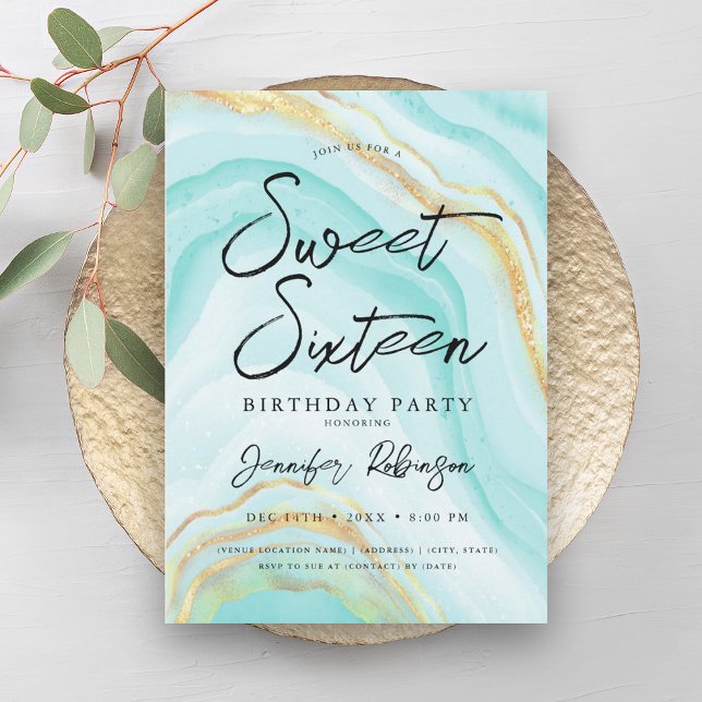 Invitation Elégant or Turquoise Parties scintillant Chic Marb (Elegant Gold Teal Glitter Chic Marble Sweet 16 Invitation)