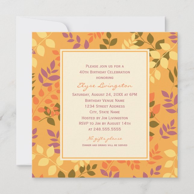 Invitation Elégant Orange Automne Feuilles Anniversaire Céléb (Devant)