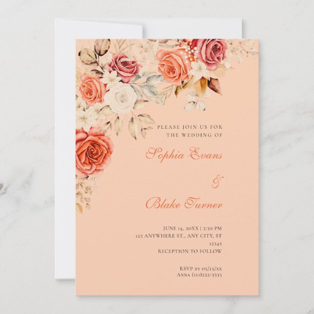 Invitation Elégant Orange Blanc Roses Apricot Orange Mariage (Devant)