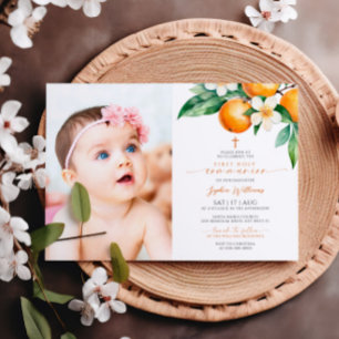 Invitation Elégant Orange Floral Photo Première Communion Sai