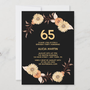 Invitation Elégant Orange Flower Gold Noir Anniversaire