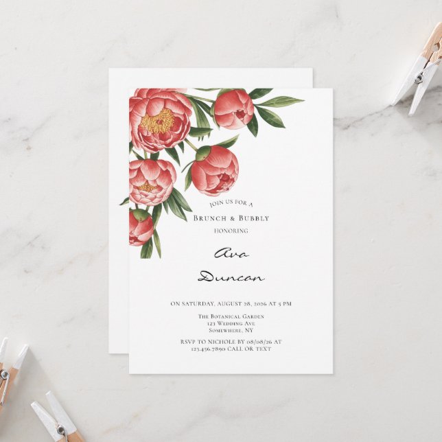Invitation Elégant Orange Peony Peony Brunch & Bubbly (Devant/Arrière en situation)