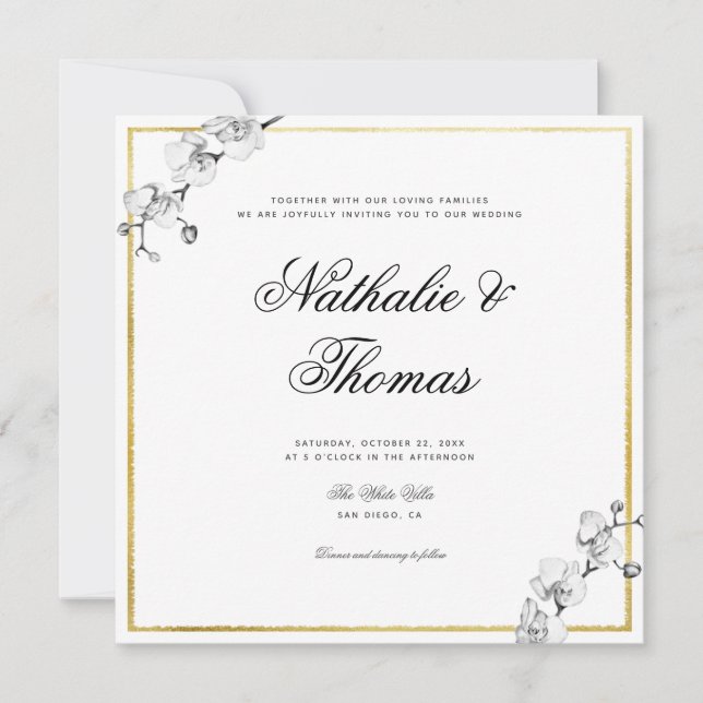Invitation Elégant Orchidées Black White Gold Mariage (Devant)