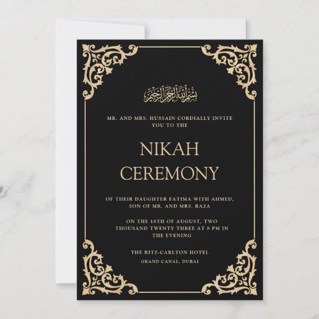 Invitation Elegant Ornate Black Gold Nikah Ceremony Wedding (Devant)