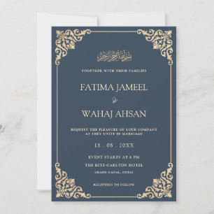 Invitation Elégant Ornate Bleu Script Mariage musulman