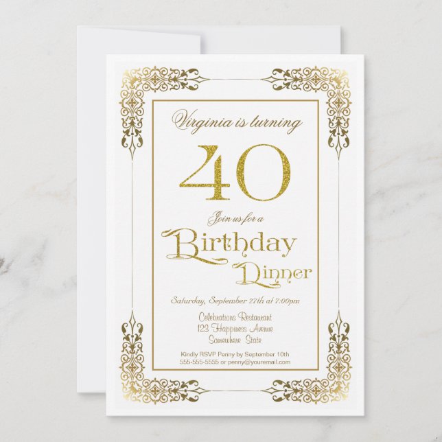 Invitation Elégant Ornate Gold Lace 40e Anniversaire Dîner (Devant)